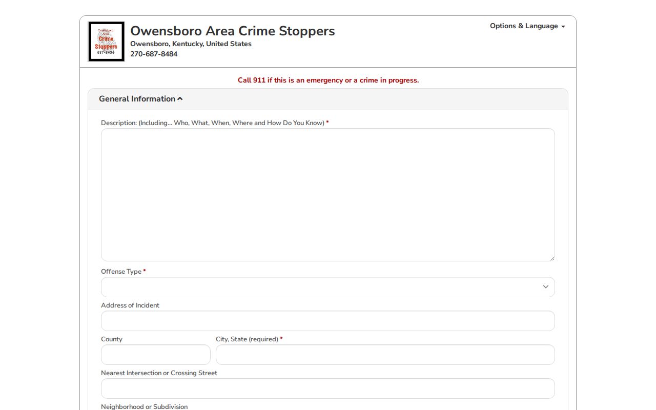 Owensboro Area Crime Stoppers P3 warrant tip form